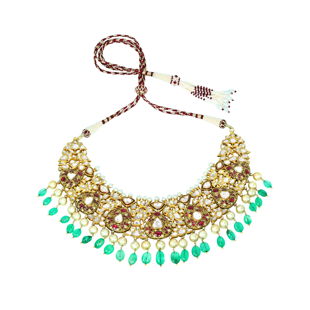 Polki Necklace Set with Red Stones, Emerald Beads, and Pearls